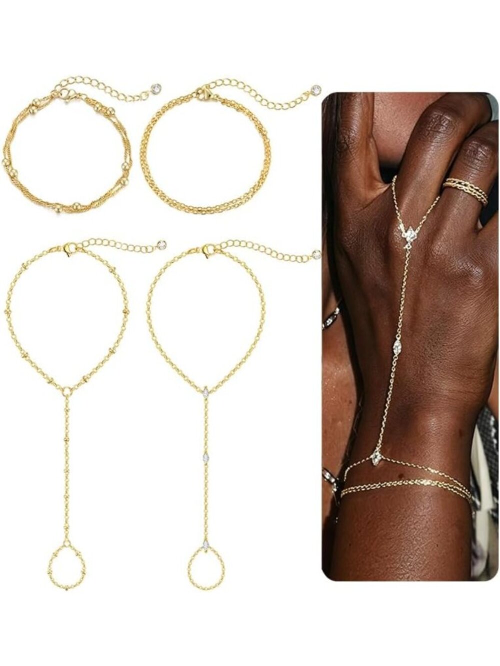 Dainty 14K Gold Plated Hand Chain Bracelet Set, Adjustable Stackable Rings